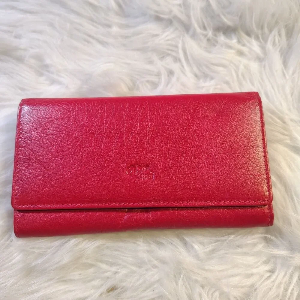 Women's Top Grain Red Leather Wallet, RFID 17 Card Slots